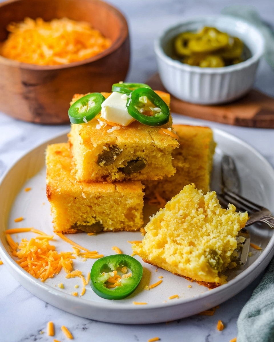 There are three square pieces of golden cornbread stacked on a white plate set on a white marbled surface. The cornbread looks soft and crumbly with small bits of green jalapeño inside. The top piece has a dollop of melting white butter and a few green jalapeño slices on it. In the background on the plate, there are thin orange strands of shredded cheese scattered near the cornbread. The light shines warmly on the cornbread, making it look moist and fresh. photo taken with an iphone --ar 4:5 --v 7