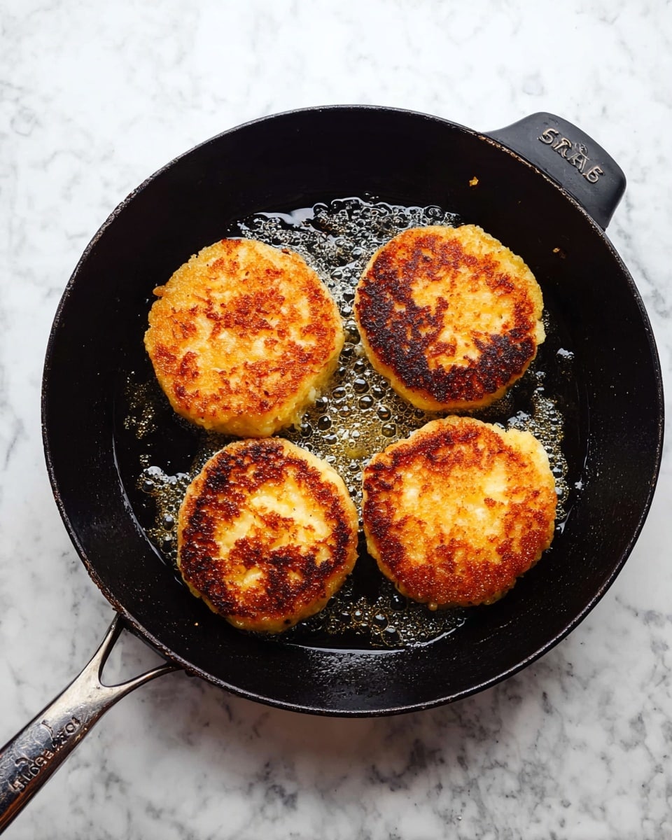 A black cast iron pan with four round, golden-brown fried cakes evenly placed inside. Each cake shows a crispy texture on the surface with some darker browned spots, indicating they are cooked well. The pan contains a small amount of bubbling oil around the cakes, and the pan rests on a white marbled surface. Photo taken with an iphone --ar 4:5 --v 7