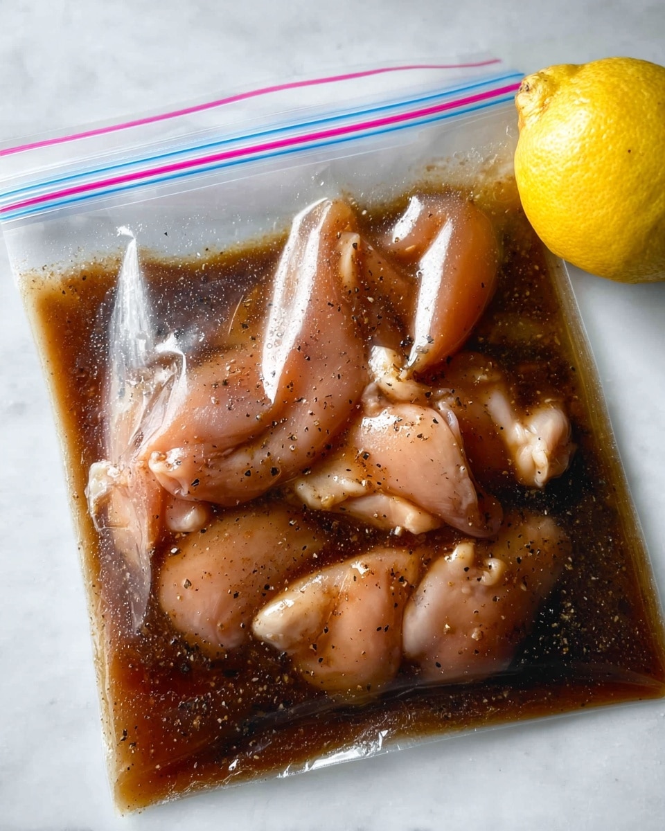 A clear plastic zip-lock bag filled with several light pink raw chicken pieces submerged in a dark brown marinade with visible black pepper specks. The bag lies flat on a white marbled surface with a whole lemon positioned near the top edge of the image. The marinade covers the chicken, and the bag has a pink and blue sealing strip at the top. The scene is brightly lit, showing some condensation inside the bag. photo taken with an iphone --ar 4:5 --v 7