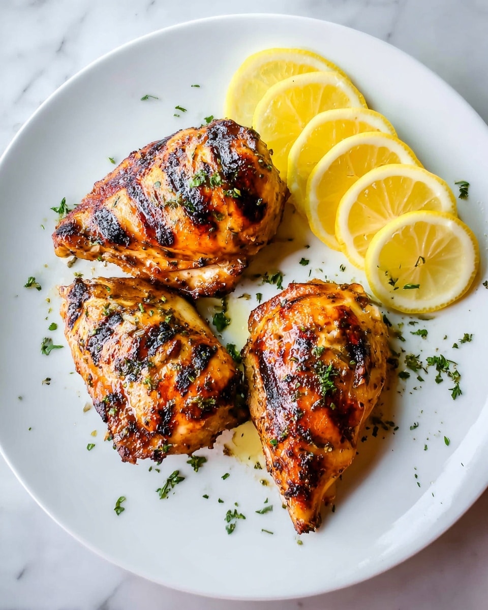 Three grilled chicken pieces with shiny, slightly charred, golden-brown skin are placed side by side on a white plate. Bright green chopped herbs are scattered over the chicken and the plate, adding a fresh touch. Around the chicken, thin lemon slices with a pale yellow color and translucent texture are arranged, some leaning against the chicken pieces. The plate sits on a white marbled surface. photo taken with an iphone --ar 4:5 --v 7