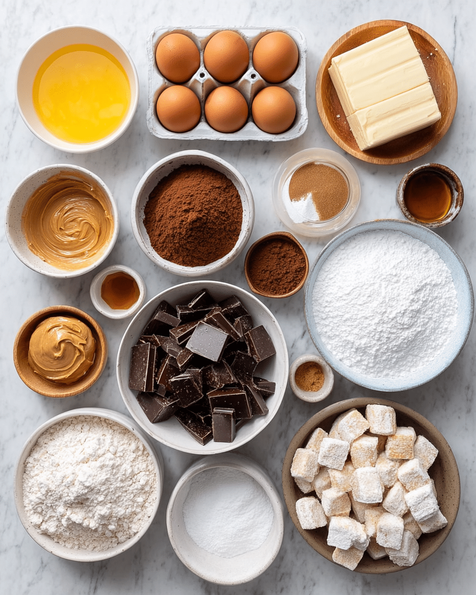 A top-down view of 14 bowls and plates of baking ingredients arranged on a white marbled surface. There are four orange eggs in a square white egg holder at the top center. To the left, a white bowl with melted yellow butter, a larger white bowl with brown cocoa powder next to it, and small wooden and white bowls with vanilla and a brown powder. Below them, a white bowl filled with chopped dark chocolate and a bowl with flour next to it. Around the center, a small glass bowl with peanut butter, a stick of unsalted butter and salt in a wooden bowl on a small wooden plate are at the top right. On the far right, a large white bowl filled with powdered sugar, a small glass bowl with a brown liquid, and a small white bowl with a white liquid. At the bottom, a white bowl with powdered sugar-coated small square cereal pieces, white sugar in a white bowl, brown sugar in a white bowl, and a tiny wooden bowl with salt. photo taken with an iphone --ar 4:5 --v 7