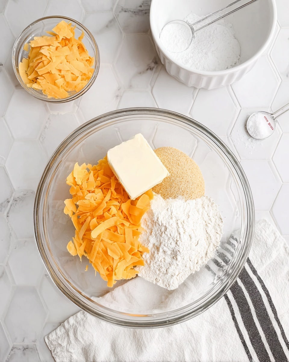 A clear glass bowl holds five layers of ingredients on a white marbled hexagon tile surface: bright orange cheese shreds on the left, a small pale yellow stick of butter next to the cheese, a light beige powder (likely cornmeal) below the butter, a white flour pile to the right, and a dusting of flour all around; nearby, a small clear bowl with some cheese shavings inside and an empty white bowl sit above, while a transparent measuring spoon with white powder (likely salt) is held near the top right; a white cloth with black and gray stripes lies below the glass bowl. photo taken with an iphone --ar 4:5 --v 7