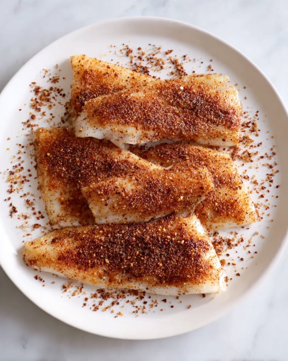 A white round plate holds four pieces of light-colored fish fillets spread out evenly. Each fillet is covered with a reddish-brown spice mix sprinkled thickly on top, with extra seasoning scattered around the fillets on the plate. The plate is placed on a white marbled surface, giving a clean and bright background. The textures of the fish look smooth beneath the slightly grainy spice coating. photo taken with an iphone --ar 4:5 --v 7