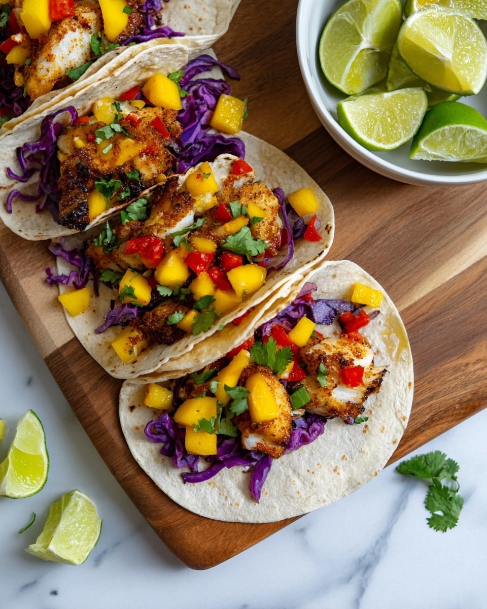 Three small white soft tacos lie on a wooden board set on a white marbled surface. Each taco has a base layer of purple cabbage strips, topped with pieces of golden-brown grilled fish with a slightly charred crust. On top of the fish are bright yellow mango chunks, small red bell pepper pieces, and bits of fresh green cilantro scattered around. To the side, there is a white bowl filled with lime wedges and a loose lime wedge near the tacos. The colors are vibrant and fresh, showing a combination of warm and cool tones. Photo taken with an iphone --ar 4:5 --v 7