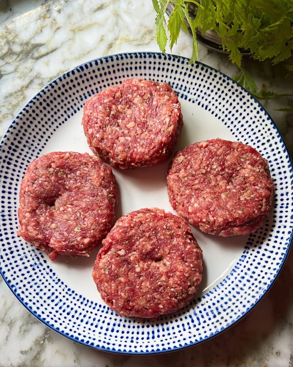 Four raw burger patties sit on a white plate with a blue dotted rim. Each patty is roughly round with a slightly uneven and chunky texture, showing a mix of red ground meat and light brown pieces. The patties have small indentations in the center, and the plate rests on a white marbled surface. A green potted plant is partially visible in the top right corner. Photo taken with an iphone --ar 4:5 --v 7