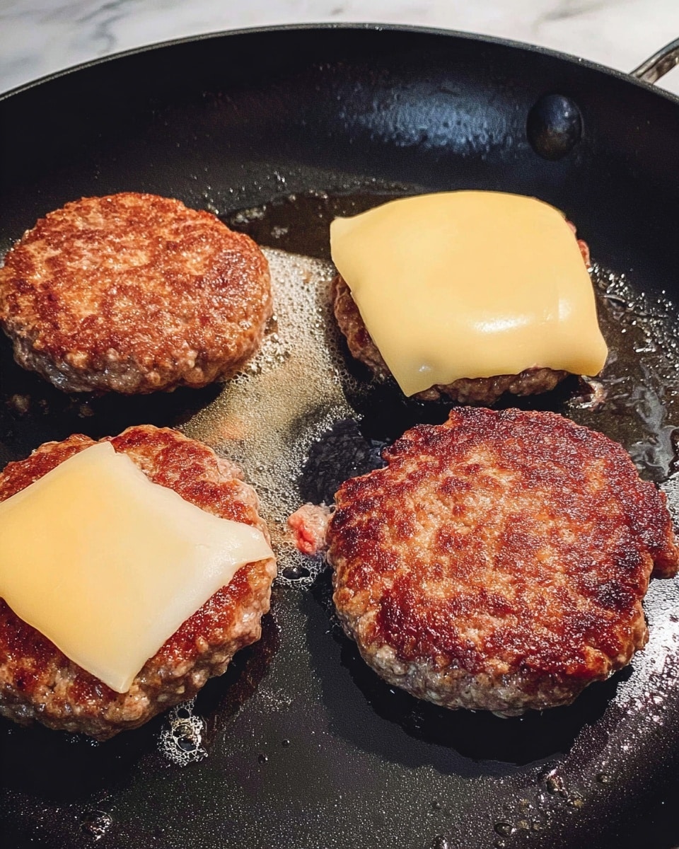 Four burger patties cooking on a black pan with oil. Two patties are plain brown with a crispy texture, and two patties have a single smooth light yellow cheese slice melted on top. The pan has a shiny, greasy surface with bits of cooked meat stuck. The background shows a white marbled kitchen surface. photo taken with an iphone --ar 4:5 --v 7