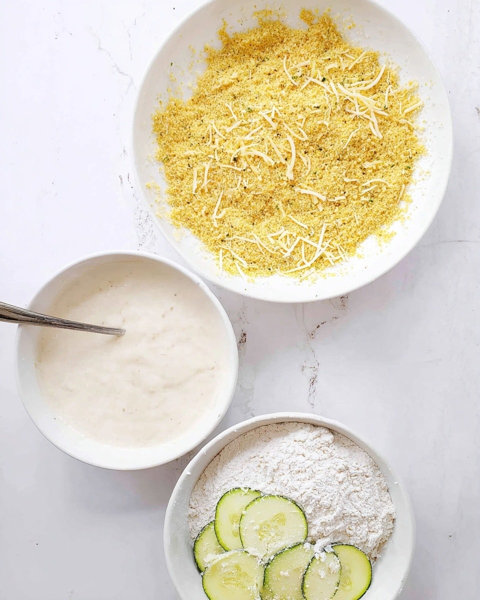 The image shows three white bowls on a white marbled surface. The top bowl is filled with a yellow crumb mix with some thin white shreds scattered through it. The bottom left bowl contains a smooth creamy white batter with a small silver fork resting inside. The bottom right bowl has a layer of white flour with pale green round zucchini slices placed on top, partially covered in flour. Photo taken with an iphone --ar 4:5 --v 7