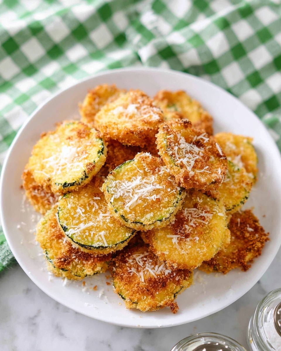 A white plate holds a pile of golden baked rounds with a crunchy texture, each layer showing green zucchini slices inside the crisp coating. The rounds are sprinkled with white grated cheese on top, giving a light contrast to the warm yellow and brown shades of the crust. The plate is set on a white marbled surface with a green and white checkered cloth in the background, adding a cozy look. At the bottom edge of the image, partially visible are two clear glass containers, one likely a salt shaker and the other a pepper shaker. photo taken with an iphone --ar 4:5 --v 7