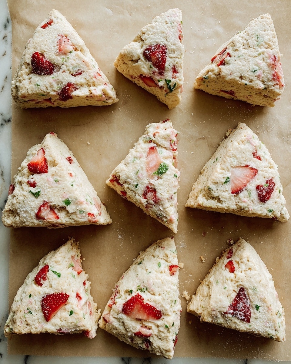 Nine triangular scones are placed on light brown baking paper, showing a thick dough base with visible chunks of red strawberries and small green herbs mixed inside. The dough looks soft and slightly crumbly with a dusting of flour on top. Each scone is about two layers thick, with uneven edges and rough texture, revealing the fruit pieces embedded inside. The background is a white marbled texture. photo taken with an iphone --ar 4:5 --v 7