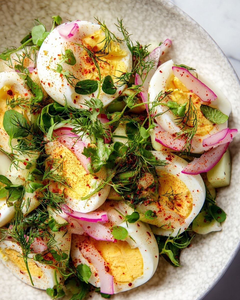 This close-up image shows a dish with two main layers: the base is sliced hard-boiled eggs with bright yellow yolks and smooth white edges, topped with thinly sliced red onions that have a slightly translucent texture with a pinkish hue on the edges. Scattered on top are fresh green herbs like cilantro and dill, adding a mix of leafy and feathery textures with small green stems. The dish is seasoned with red chili powder, adding a speckled pattern of small red dots over the eggs and onions. The background and plate have a clean white marbled texture with subtle grey veining visible at the edges. photo taken with an iphone --ar 4:5 --v 7