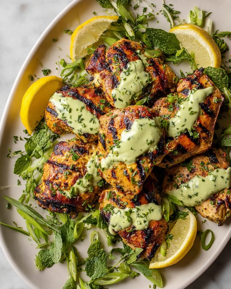 A white plate is filled with several grilled pieces of chicken showing golden brown and darker grill marks, giving a slightly charred texture. The chicken is drizzled with a light green creamy sauce, which is unevenly spread across the pieces. Around the chicken, there are small green herb leaves sprinkled and fresh green onion slices adding color contrast. Wedges of yellow lemon are placed among the chicken, and fresh, vibrant green herbs are arranged along the edges of the plate. The entire scene sits on a white marbled surface, adding a clean and bright background photo taken with an iphone --ar 4:5 --v 7