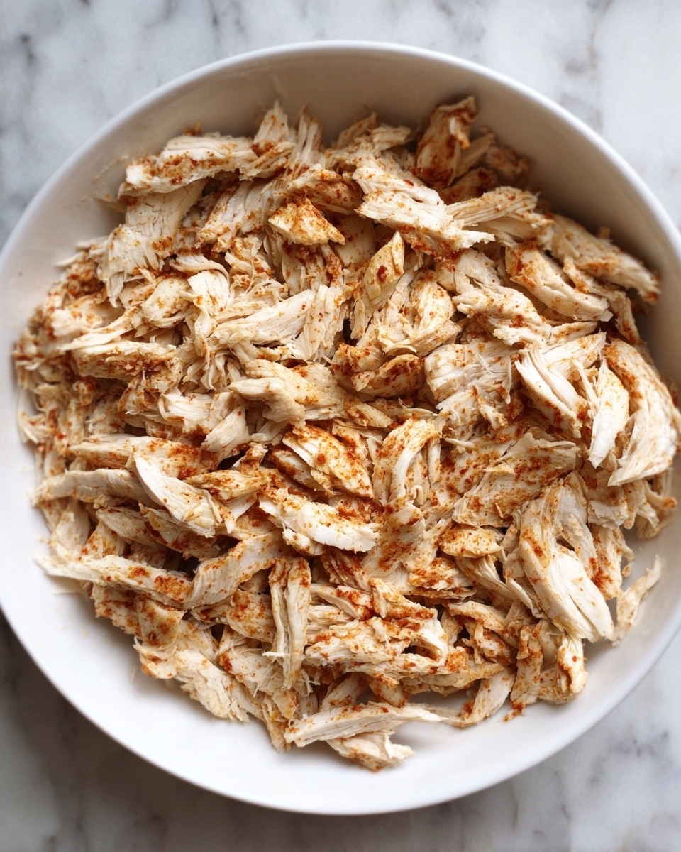 A large white bowl filled with shredded pieces of cooked chicken, each piece showing a mix of white and light brown colors with some reddish seasoning dusted on top. The chicken pieces have a soft and fibrous texture, spread evenly throughout the bowl. The bowl is placed on a white marbled surface. photo taken with an iphone --ar 4:5 --v 7