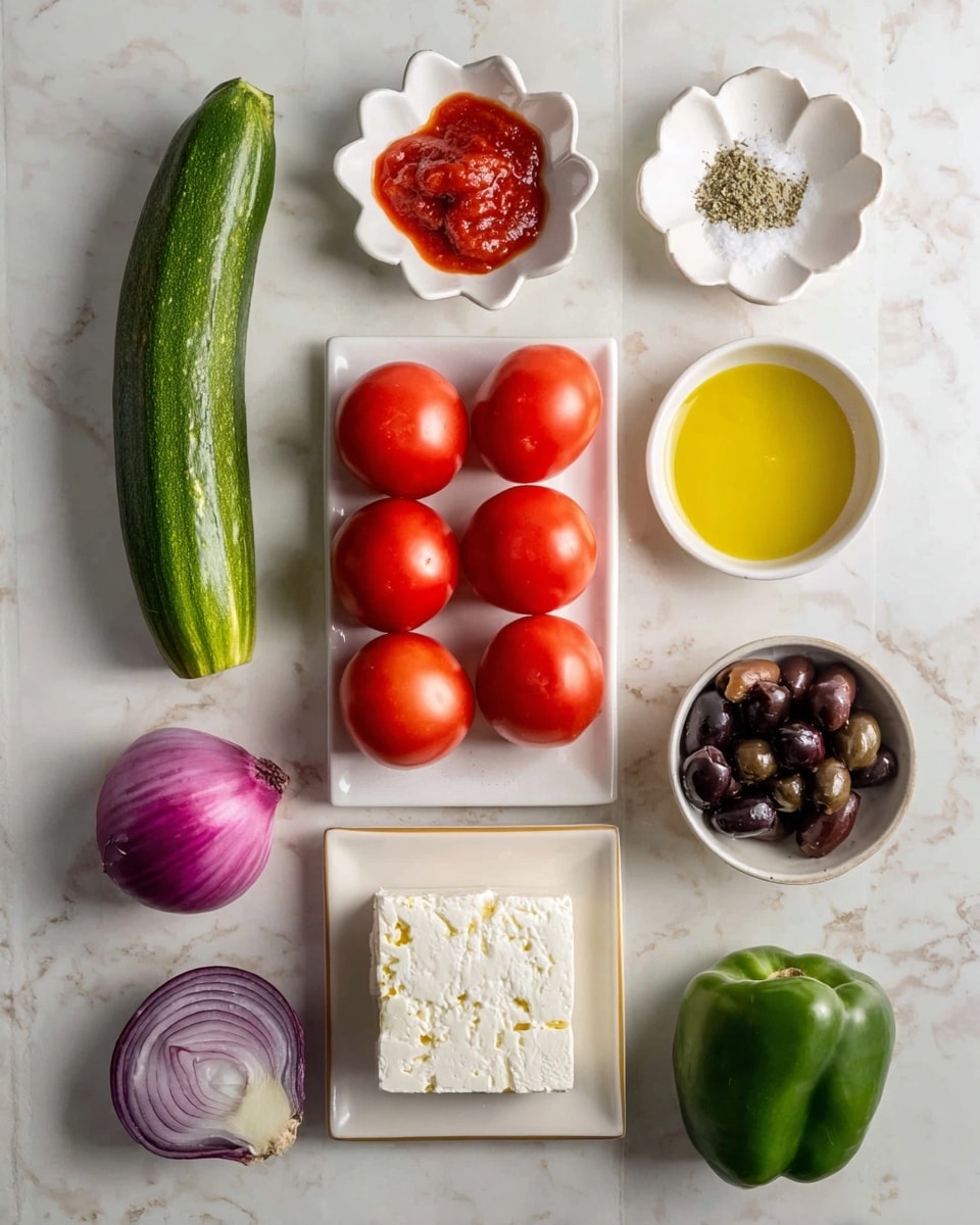 The image shows fresh ingredients arranged neatly on a white marbled surface: one long green cucumber on the left; a small white dish with red sauce shaped like a flower on the top center; a white dish with golden yellow oil to the right of the sauce; a flower-shaped white dish with salt and dried herbs next to the oil; a white bowl full of dark purple olives below the salt and herbs; a white plate in the center holding a square block of white cheese; five bright red tomatoes placed in two rows below the cheese and olives; a large green bell pepper on the bottom right and a halved red onion with purple layers positioned on the bottom left. photo taken with an iphone --ar 4:5 --v 7