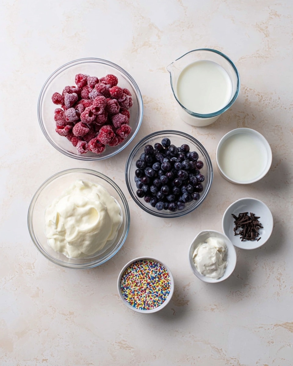 The image shows seven containers on a light, white marbled surface. There is a bowl with frozen red raspberries, a bowl with fresh dark blueberries, a bowl with a white creamy yogurt or ice cream, a smaller bowl with a white liquid that might be cream, a glass with milk, a very small bowl with colorful sprinkles, and another tiny bowl with small dark vanilla seeds or pods. The bowls and glass are clear or white, arranged loosely with space in between. photo taken with an iphone --ar 4:5 --v 7