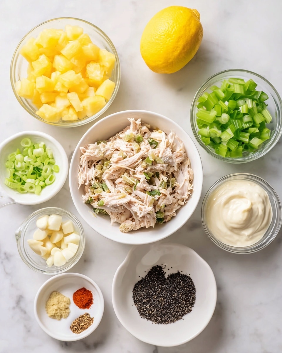 The image shows several small white bowls arranged on a white marbled surface. In the center, a white bowl holds shredded cooked chicken mixed with herbs. Surrounding it are small bowls filled with pale yellow chopped macadamia nuts, bright green chopped celery, light yellow chopped pineapple pieces in a glass bowl, chopped green onions, a white ramekin with creamy white sour cream, a small dish with black poppy seeds, a small plate with three different spices in light green, red, and black colors, and a tiny white plate with minced garlic. Behind these bowls is a glass measuring cup filled with mayonnaise and a bright yellow lemon resting next to it. Photo taken with an iphone --ar 4:5 --v 7