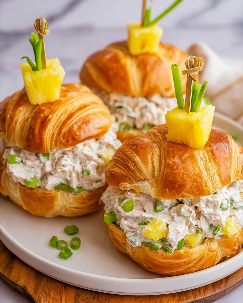 Three croissant sandwiches sit on a white plate over a wooden board and white marbled surface. Each sandwich has a shiny, golden-brown croissant top with a soft and fluffy texture. They are filled with a creamy white chicken salad mixed with green onion pieces and small yellow pineapple chunks. On top of each croissant, a small wooden pick holds a yellow pineapple cube and a few fresh green onion stalks, adding a pop of color and height to the sandwiches. The overall scene looks fresh, with warm tones from the croissants contrasting the cool white and green of the filling. photo taken with an iphone --ar 4:5 --v 7