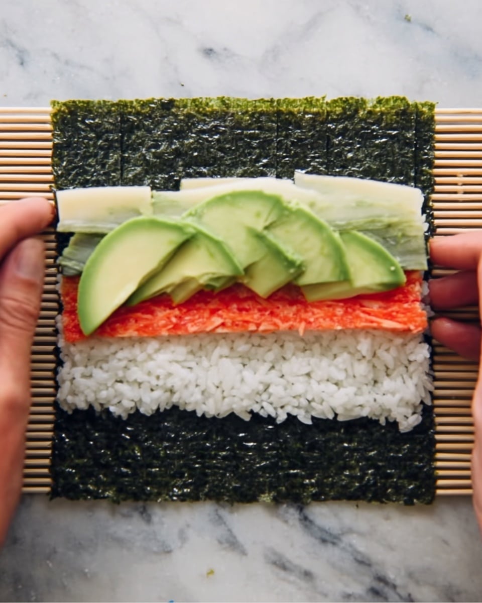 A square dark green seaweed sheet lays flat on a white marbled surface with white rice spread thinly in a single layer close to the bottom edge, topped by a bright red strip of imitation crab in the middle, beneath which there are light green slices of avocado arranged in a row like three curved pieces, along with pale cream-colored strips on top of the rice behind the avocado. Two woman's hands are seen holding the edges of the seaweed sheet on each side. photo taken with an iphone --ar 4:5 --v 7