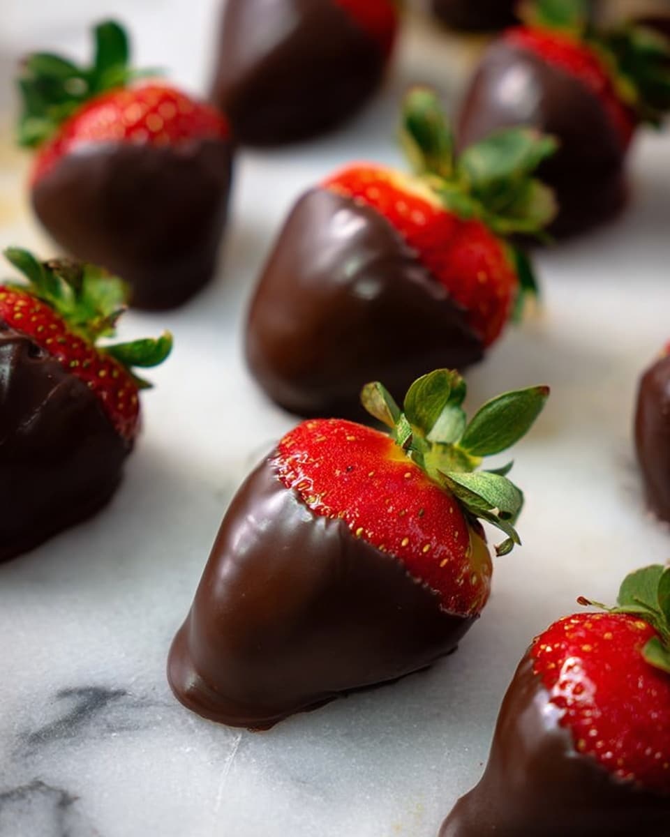 The image shows a close-up of several strawberries dipped in smooth, dark brown chocolate. Each strawberry is mostly covered in chocolate, leaving the bright red top and green leaves uncovered. The strawberries are arranged loosely on a white marbled surface, with some closer to the viewer and others farther away, creating depth. The chocolate layer looks glossy and thick but even, covering about two-thirds of each strawberry from the bottom up. The lighting highlights the shine on both the chocolate and the strawberries, making the colors vivid and fresh. Photo taken with an iphone --ar 4:5 --v 7