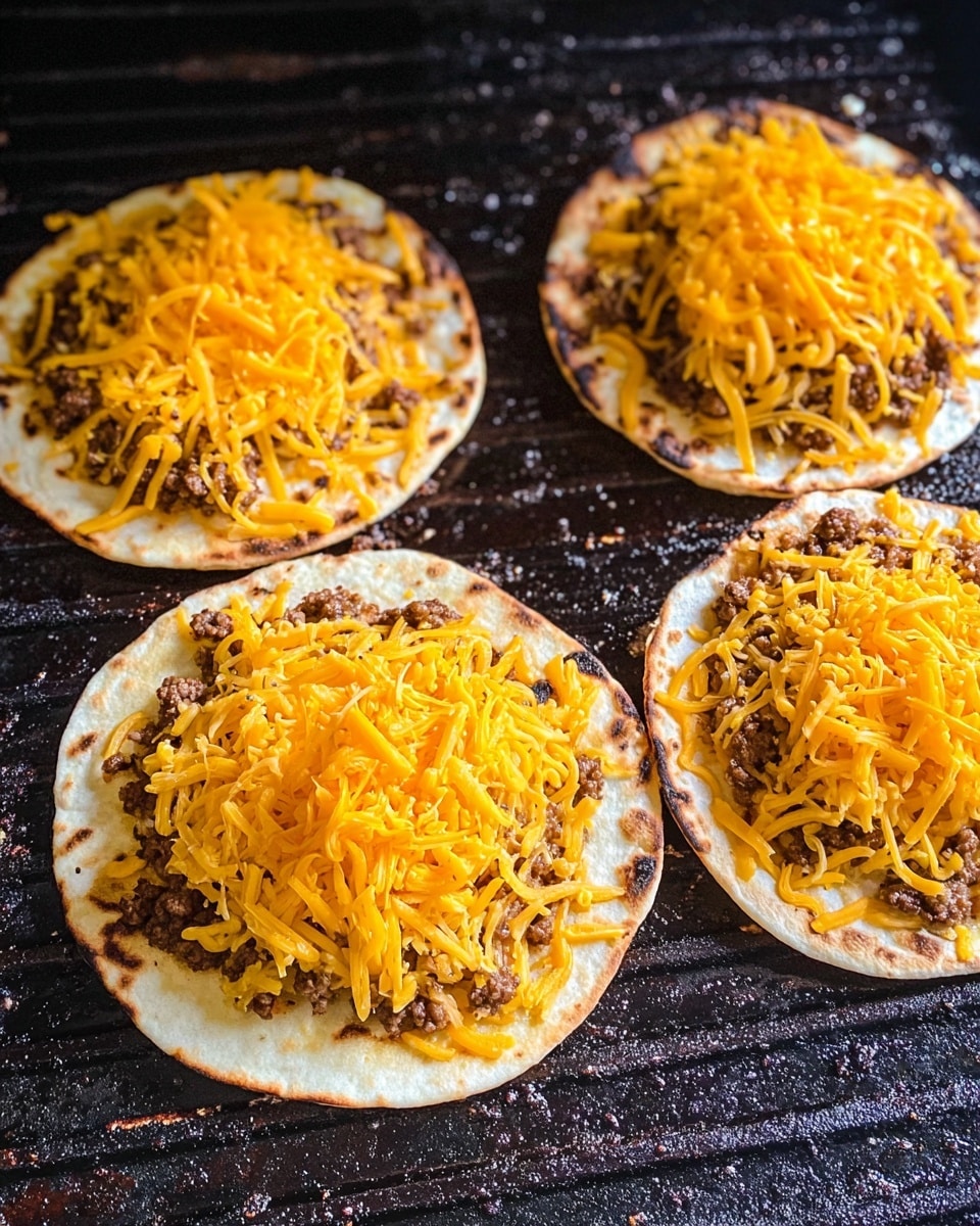This image shows four small round flatbreads cooking on a dark grill. Each flatbread has two layers: the bottom layer is a slightly charred flatbread with light brown spots, and the top layer is cooked ground beef spread evenly. On top of the beef, there is a generous amount of bright orange shredded cheddar cheese scattered over each flatbread. The surface under the flatbreads looks black and greasy from cooking. photo taken with an iphone --ar 4:5 --v 7