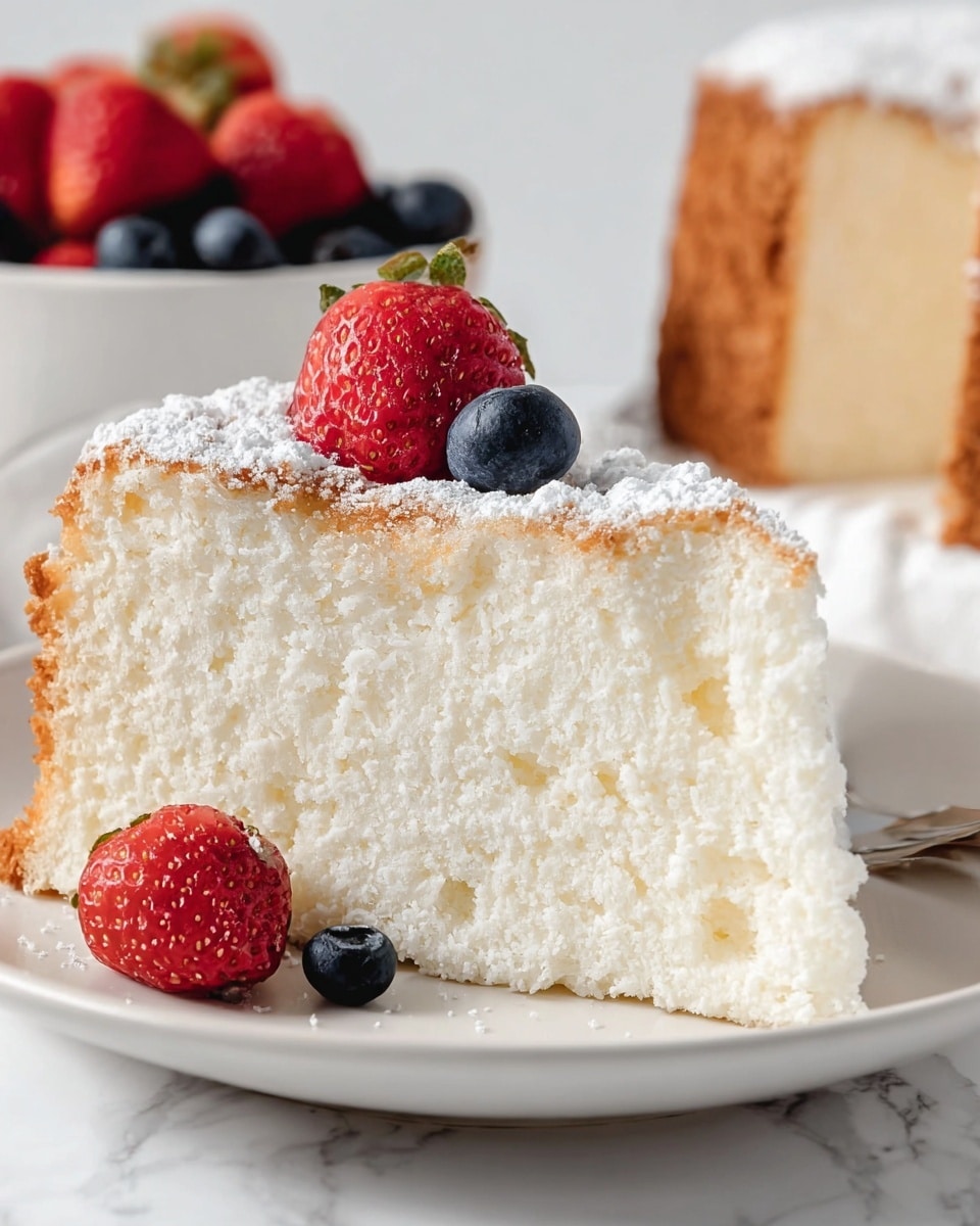 A single thick slice of light, fluffy white cake with a golden brown crust on the sides sits on a white plate, topped with a dusting of powdered sugar and fresh berries—two bright red strawberries and one deep blue blueberry—placed on top near the front edge. In the background, a white bowl filled with more red strawberries and blue blueberries rests on a white marbled surface. The overall look is clean and bright, with soft natural lighting highlighting the cake's airy texture and the vibrant colors of the berries. Photo taken with an iphone --ar 4:5 --v 7