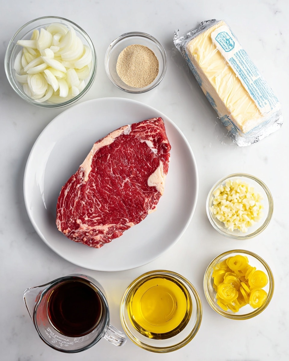 The image shows a white plate in the center with one big raw red steak that has white fat marbling through it. Above the plate and a little to the left is a clear glass bowl filled with sliced white onions. Above the plate and closer to the right are two small clear glass bowls, one with a light brown powder and the other with a light beige coarse powder. Next to these is a wrapped block of butter with blue text. To the right of the plate are two more small clear glass bowls, one with finely chopped pale yellow garlic and the other with sliced yellow pickled peppers. Below the plate and on the right is a small clear glass bowl filled with light yellow olive oil. Below the plate and in the center is a glass measuring cup with dark brown liquid. The whole scene is set on a white marbled surface. Photo taken with an iphone --ar 4:5 --v 7