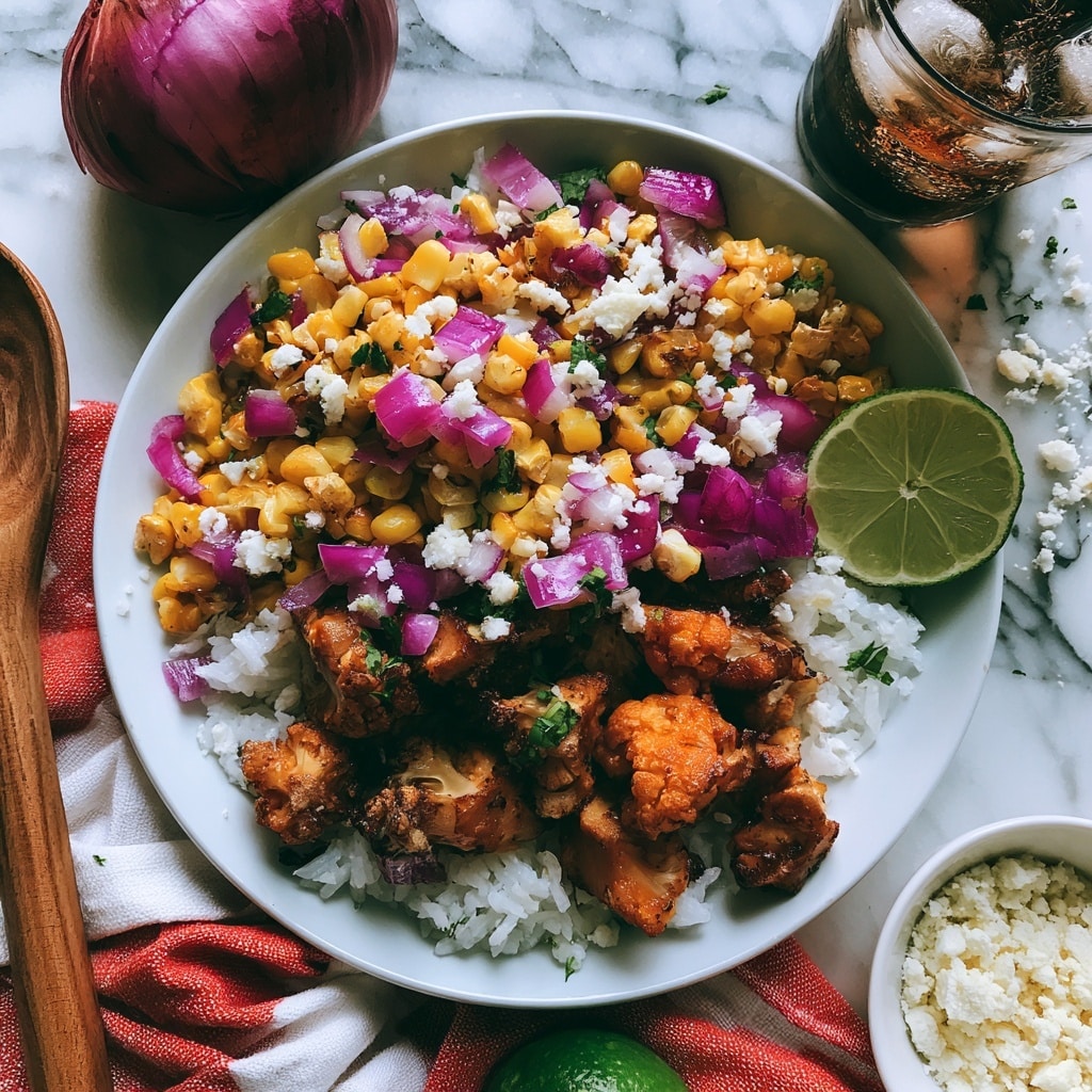 A white plate sits on a white marbled surface with a red and white cloth underneath. The plate holds three layers: the bottom is a bed of white rice, the middle is browned chunks of roasted orange cauliflower, and the top layer is a scatter of yellow roasted corn, bright purple chopped onions, crumbled white cheese, and small green herb pieces. A slice of lime is placed on the side of the plate. Surrounding the plate are a whole red onion, a glass filled with ice and dark soda, a small white bowl filled with crumbled cheese, a wooden spoon on the left, and a whole lime near the bottom. photo taken with an iphone --ar 4:5 --v 7