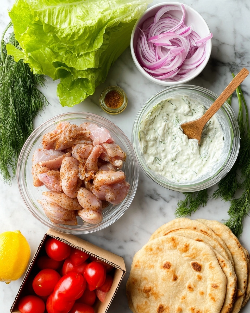 The image shows several ingredients placed on a white marbled surface. There is a clear glass bowl filled with raw seasoned chicken pieces, light pink with brown spices. Next to it is a small white bowl with thinly sliced red onion, showing purple and white layers. A cardboard container holds bright red cherry tomatoes, and a few loose tomatoes are scattered around. A larger clear glass bowl contains a creamy white sauce with green herbs mixed in, and a small wooden spoon is inside it. Fresh green dill sprigs and bright green romaine lettuce leaves with crisp texture are nearby. At the bottom right, there is a stack of light brown round flatbreads with a soft texture. A whole yellow lemon is placed near the lettuce. photo taken with an iphone --ar 4:5 --v 7