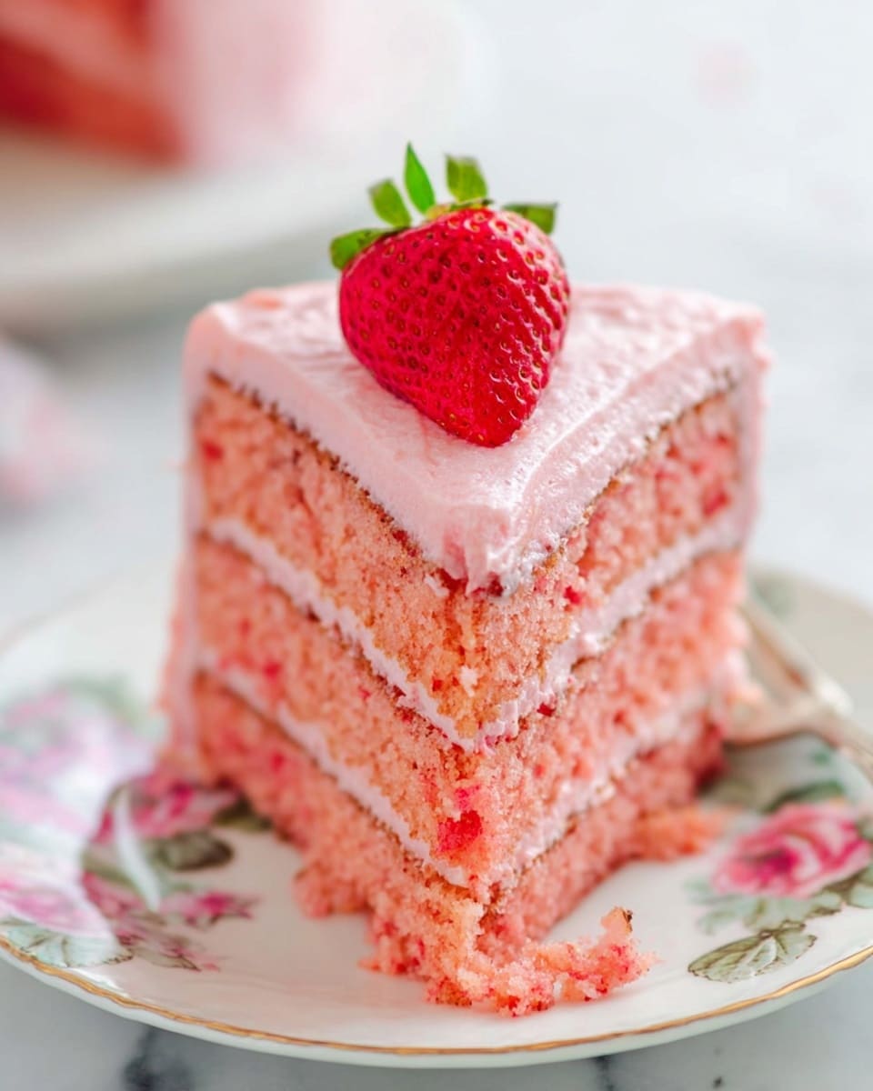 A slice of pink layered cake sits on a white plate with a floral pattern, placed on a white marbled surface. The cake has three layers: the bottom and middle are soft, moist pink sponge layers, while the top and between layers are smooth, light pink frosting. On the top center of the cake, there is a halved fresh strawberry with its green stem still attached. Some strawberry crumbs are visible near the plate, adding texture to the scene. Photo taken with an iphone --ar 4:5 --v 7