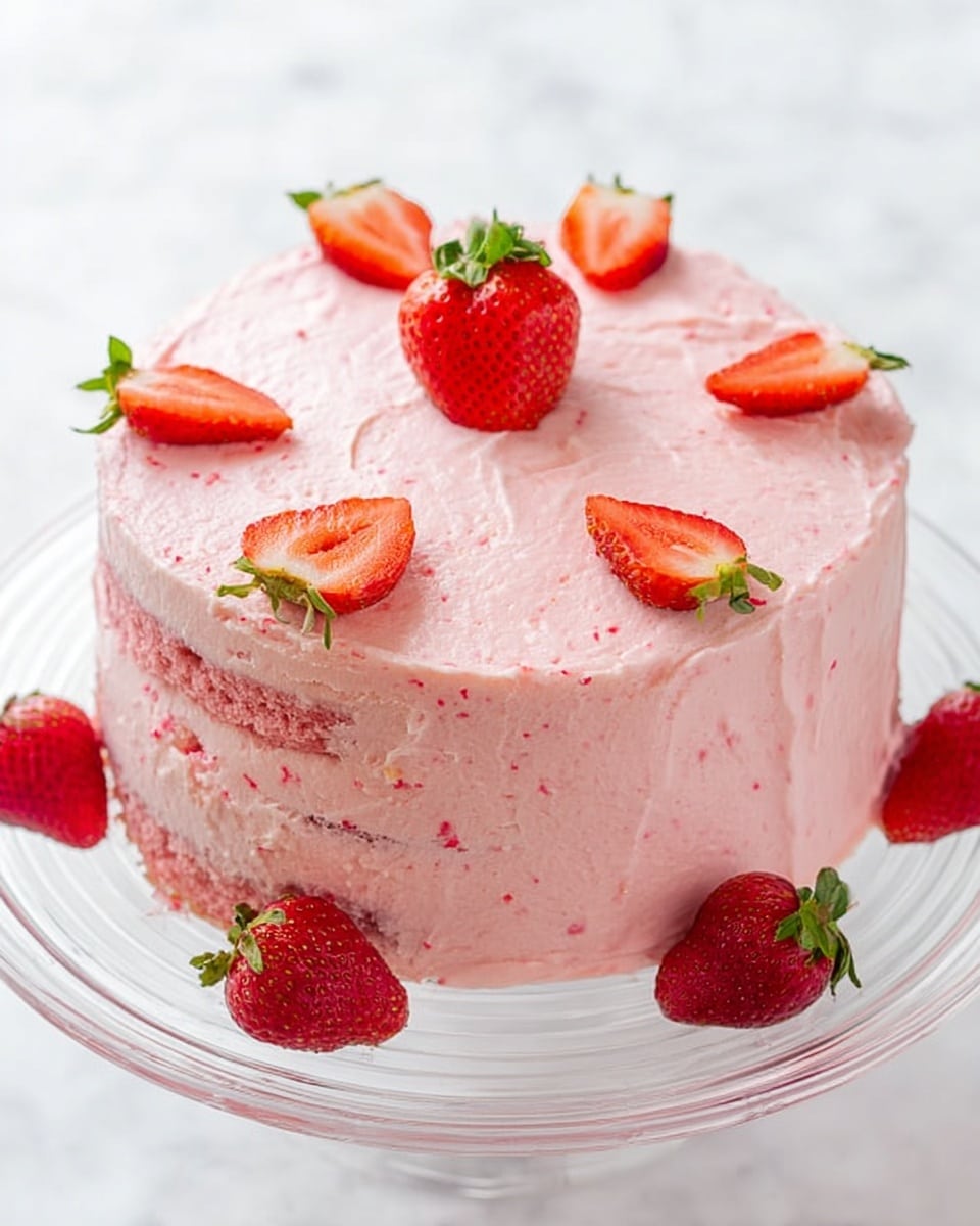 A round cake with three layers of pink sponge, each layer divided by a thin spread of pink frosting. The outside is fully covered with smooth, light pink frosting. On top, there is a whole bright red strawberry in the center surrounded by six halved strawberries, all placed on a white marbled surface. More whole strawberries are placed around the cake base. Photo taken with an iphone --ar 4:5 --v 7