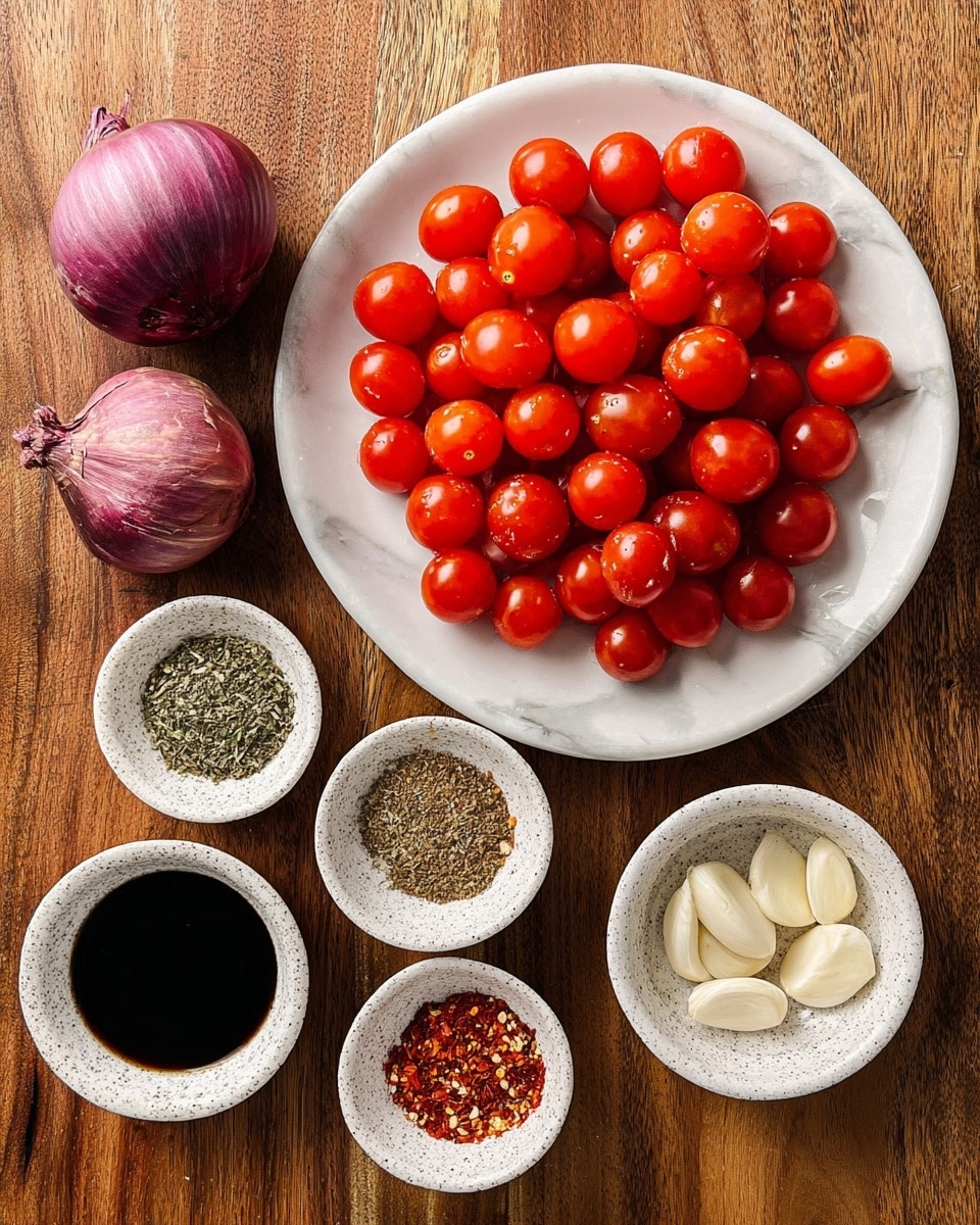 A top-down view of a round white plate full of small, round, red cherry tomatoes piled high with smooth shiny skin, placed on a wooden surface; surrounding the plate are five small white speckled bowls containing various dry spices and ingredients—one with dried green herbs, one with crushed red pepper flakes, one with fennel seeds, one with three peeled garlic cloves, and one holding a dark liquid; to the left of these bowls are two whole shallots with a glossy purple outer skin; the background is a white marbled texture photo taken with an iphone --ar 4:5 --v 7