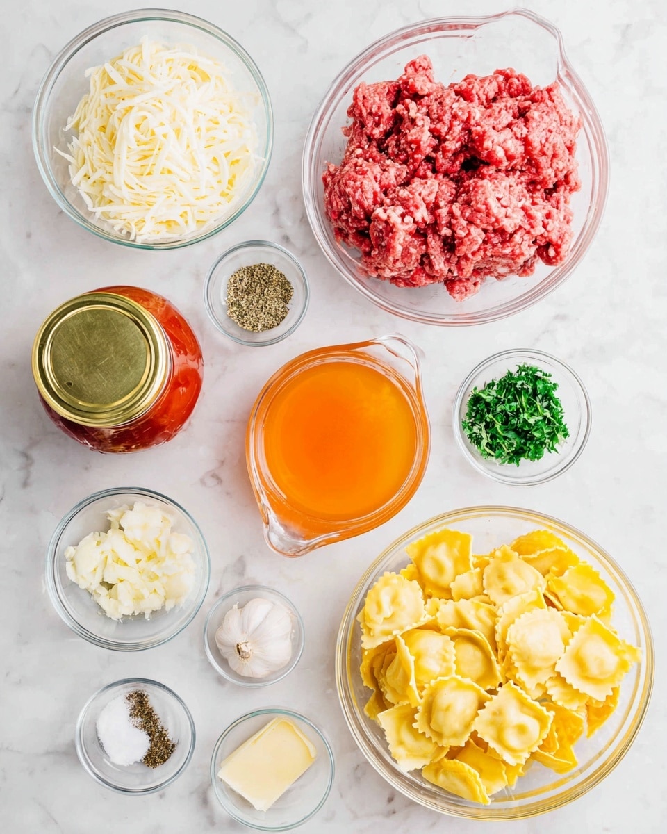 A flat lay of cooking ingredients arranged on a white marbled surface, including a large clear bowl of yellow ravioli pieces in the bottom right, a jar of red marinara sauce with a gold lid near the bottom left, and a large clear bowl of shredded white mozzarella cheese in the top left. There is a large clear bowl of raw pink ground beef to the right center, a clear measuring cup filled with orange liquid in the top right, and several small clear bowls scattered around holding white grated cheese, green chopped parsley, light yellow minced garlic, dried herbs, black pepper, and salt. The colors vary from the bright red meat and sauce, to the creamy yellow pasta and white cheese, creating a balanced composition. Photo taken with an iphone --ar 4:5 --v 7
