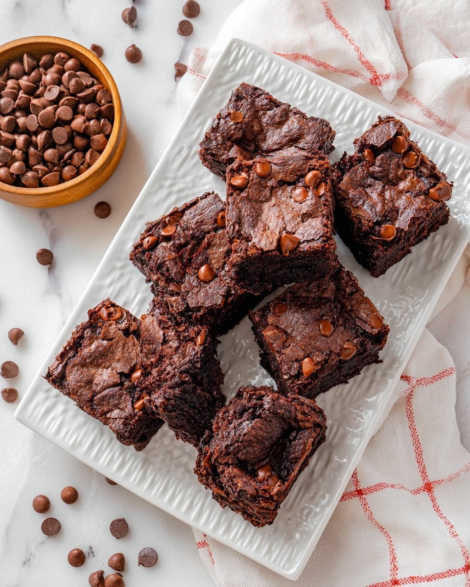There are eight thick square pieces of dark chocolate brownie on a white rectangular plate with a textured pattern. The brownies have a cracked, rough top layer dotted with lighter brown chocolate chips, giving a bumpy, rich surface. The inside looks dense and moist with a deep brown color, showing some melted chocolate chips inside. Around the plate, a few loose chocolate chips are scattered. To the left, there is a wooden bowl filled with many milk chocolate chips. The whole scene sits on a white marbled surface with a white cloth that has a light red checkered pattern partly visible. photo taken with an iphone --ar 4:5 --v 7