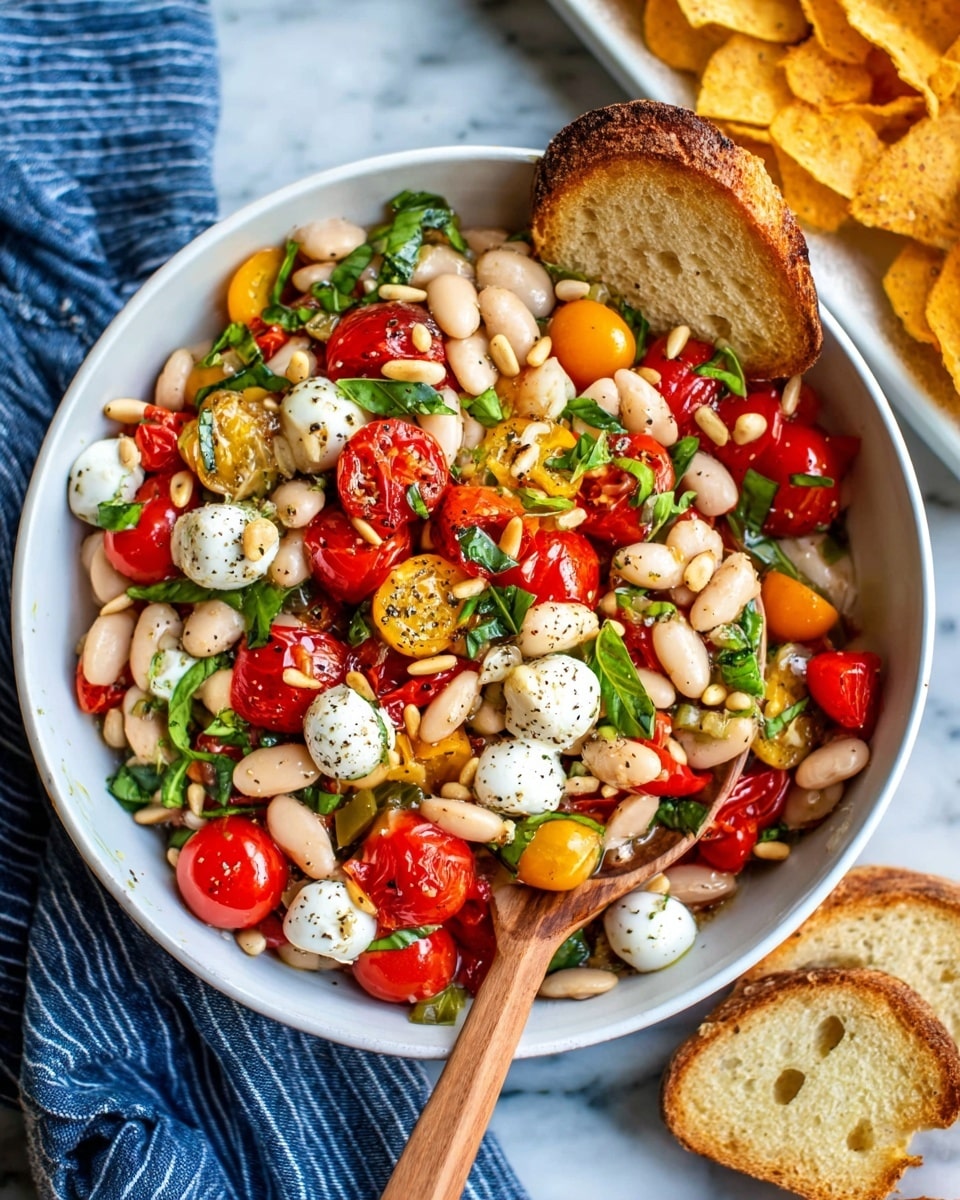 The image shows a bowl filled with a colorful salad layered with white beans, bright red halved cherry tomatoes, small white mozzarella balls, chopped green basil leaves, and sliced yellow-green peppers, all mixed together and sprinkled with black pepper and pine nuts. A light wooden spoon rests inside the bowl, lifting some of the salad. The white bowl sits on a white marbled surface with a blue and white striped cloth partly visible underneath. In the background, there are white trays holding golden toasted bread slices on the right and crispy chips on the left. Photo taken with an iphone --ar 4:5 --v 7