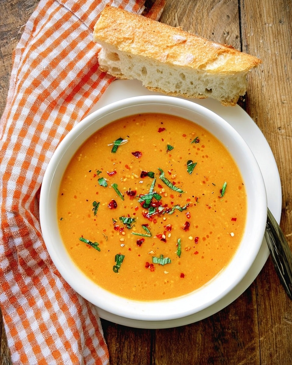 A white bowl filled with smooth orange soup, topped with small green herb leaves and red chili flakes scattered evenly. Behind the bowl, a piece of torn, soft bread rests on a red and beige checkered cloth over a white marbled surface. To the right, a shiny metal spoon lies flat. The scene looks warm and inviting with rustic wooden boards partly visible. Photo taken with an iphone --ar 4:5 --v 7
