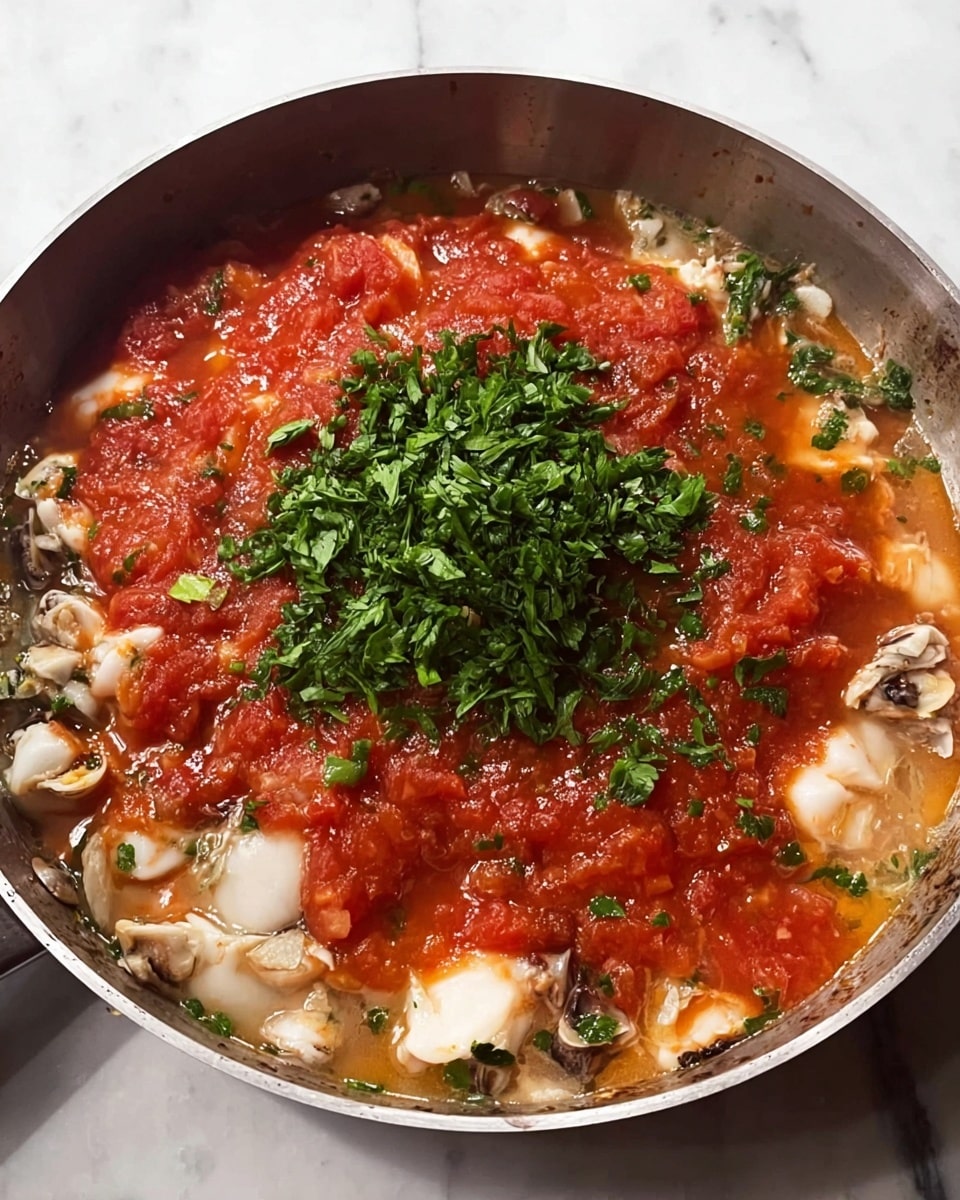A silver pan on a white marbled surface holds a dish with three clear layers: the bottom layer is light beige with small pieces of seafood showing smooth, tender textures, the middle layer is a bright red chunky sauce with a thick, slightly coarse texture covering most of the seafood, and the top layer is a small pile of finely chopped fresh green herbs placed in the center on top of the sauce, adding a pop of vibrant color. photo taken with an iphone --ar 4:5 --v 7