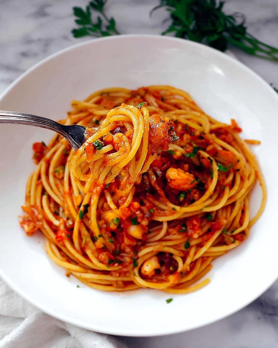 A white plate holds a serving of spaghetti coated with a red tomato sauce mixed with small pieces of seafood and green herb bits. The pasta strands twist around a silver fork lifting a bite showing the textures of the noodles and chunky sauce. The white marbled surface beneath the plate adds contrast, with some green herb leaves scattered nearby. Photo taken with an iphone --ar 4:5 --v 7