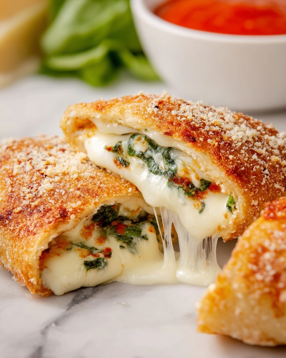 A close-up view of a rolled dish with three layers visible: the outside layer is golden brown with a slightly crispy texture and sprinkled with grated cheese, the middle layer is thick, creamy white, resembling a soft baked dough, and the inside layer is melted cheese stretching out with green leafy herbs embedded inside. The dish sits on a white marbled surface with a blurred background showing a white bowl filled with bright red sauce and some green leafy vegetables. The focus is on the melted cheese and herb filling inside the roll, highlighting the textures and colors clearly. photo taken with an iphone --ar 4:5 --v 7