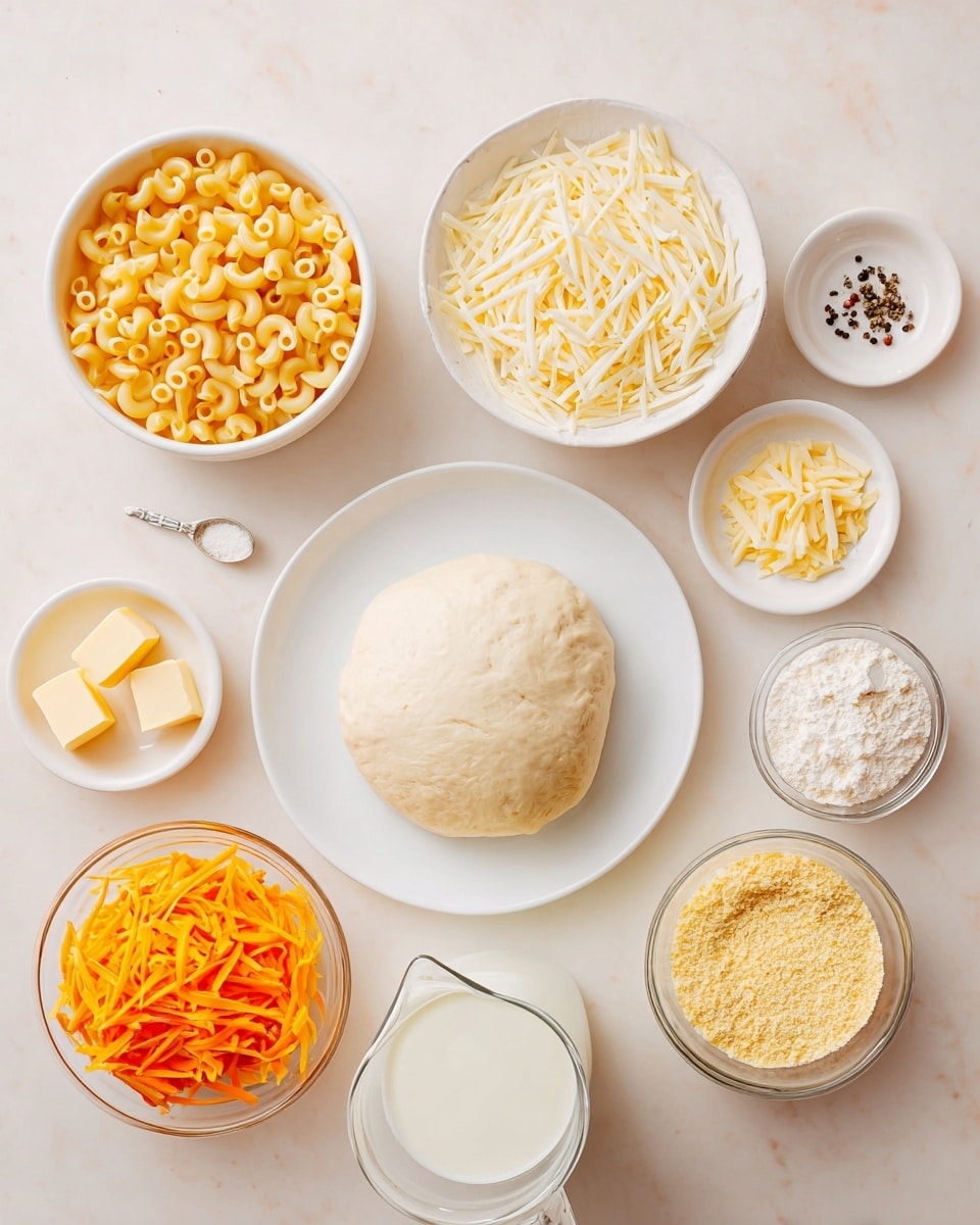 A white plate in the lower left holds a smooth, round ball of pale dough with soft cracks on its surface. Above and around it, small white bowls and glass containers hold various ingredients: a bowl of pale yellow small elbow macaroni pasta in the center, a bowl of shredded white cheese above it, and a bowl with shredded orange cheese below it, with thin slices visible. Small white dishes contain cubes of butter, salt with black pepper, and a spoon filled with a light powder. To the right, two glass bowls have finely ground yellow and white powders. A clear glass jug filled with milk is placed near the bottom right. All items are set on a white marbled textured surface, arranged neatly with bright natural light. Photo taken with an iphone --ar 4:5 --v 7