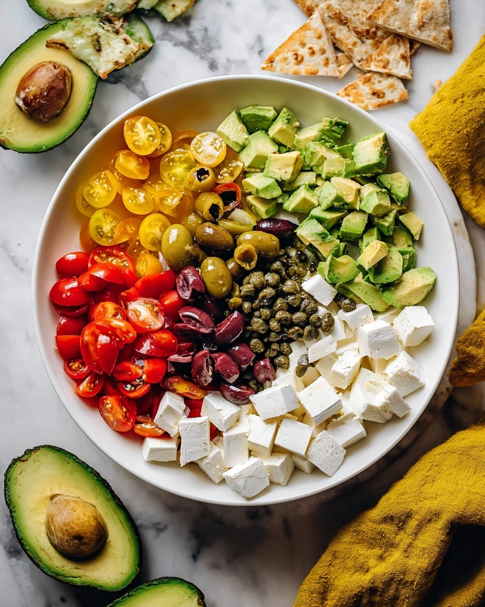 A large white bowl sits on a white marbled surface, filled with five different food layers arranged without mixing: on the top right, chopped avocado pieces in various green shades with a smooth texture; below, sliced green and dark red olives with a shiny look; at the bottom left, white cubes of feta cheese with a slightly crumbly texture; in the middle, a small pile of dark capers adding a pebble-like texture; and on the top left, bright red and yellow halved cherry tomatoes with a juicy, glossy texture. Around the bowl, yellow cloth and avocado halves are visible. Photo taken with an iphone --ar 4:5 --v 7