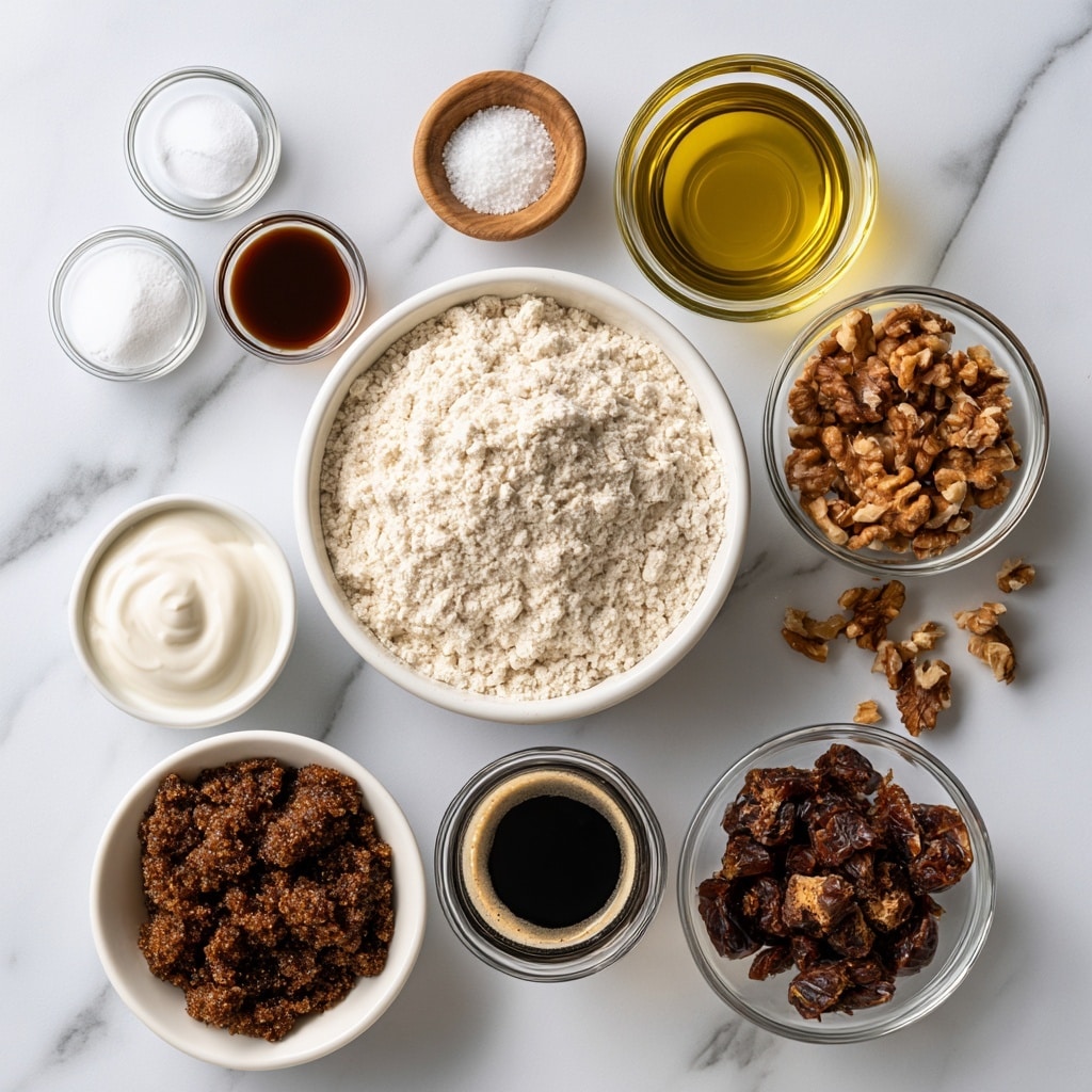 The image shows a top view of various baking ingredients placed on a white marbled textured surface. In the center, there is a full white bowl of light, powdery flour. To the right of the flour, there is a clear glass bowl filled with golden olive oil and next to it, another clear glass bowl with chopped brown walnuts. Below the walnuts, a clear glass bowl contains chopped dark brown dates. Underneath the flour bowl, there is a clear glass cup of black coffee with a thin layer of foam on top. To the left of the flour, at the bottom, a white bowl is filled with dark brown sugar with a moist texture. Above that is a small white bowl with smooth, creamy vegan yogurt. Near the top left, there are three small clear glass bowls: one with white baking powder, one with white baking soda, and one with dark brown vanilla extract. Above these bowls is a small wooden bowl holding coarse white salt. Each ingredient is labeled with bold black text on a white background. photo taken with an iphone --ar 4:5 --v 7