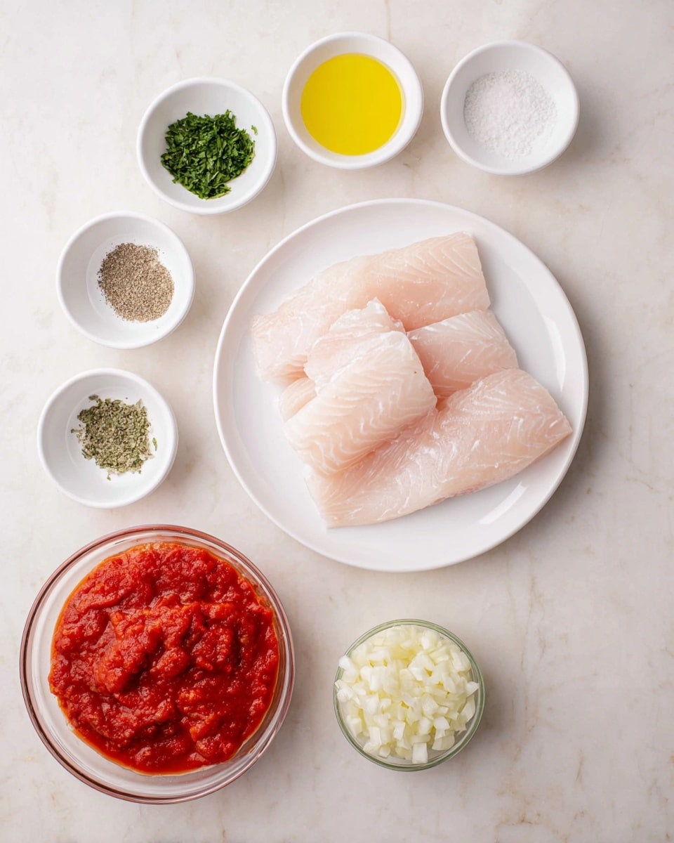 The image shows five pieces of raw fish fillets on a white plate at the bottom center, with a pale pink and white color and visible texture on each piece. Above the plate, there are five small white bowls arranged in a semi-circle: chopped green herbs in the top left bowl, yellow olive oil in the center bowl, white salt in the top right bowl, black pepper in the bottom left bowl, and dried green herb seasoning in the bottom right bowl. Below the fish plate, there is a glass bowl filled with a red, chunky tomato sauce on a white marbled surface. To the right of the tomato sauce, there are two small glass containers with finely minced garlic and diced white onions, the onions being in a white measuring cup labeled