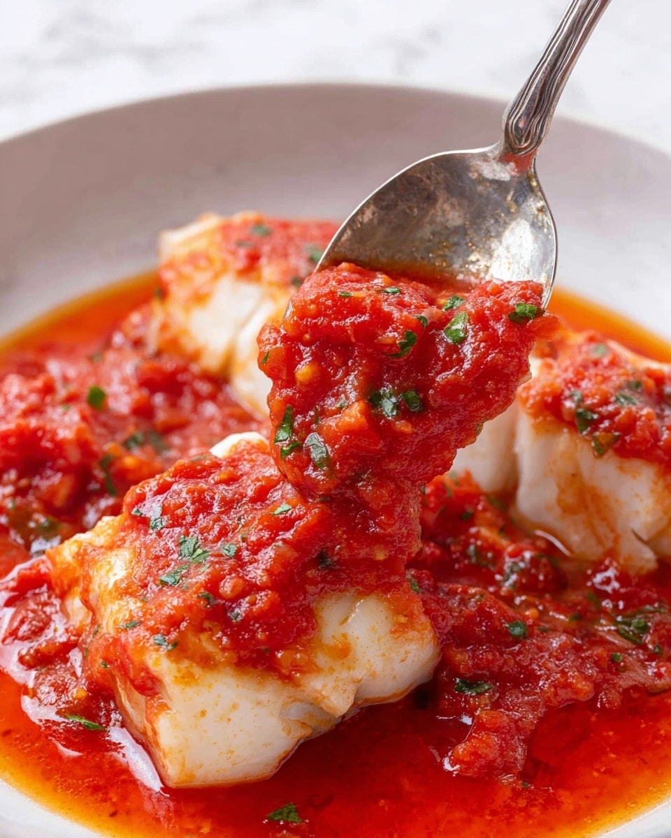 A close-up of a white plate with a few pieces of white fish fillets, each covered with a thick, bright red tomato sauce that looks chunky and fresh. Small green herb pieces are sprinkled on top, adding a splash of color. A silver spoon is scooping some sauce onto one fillet, showing the sauce's textured surface up close. The plate rests on a white marbled surface photo taken with an iphone --ar 4:5 --v 7