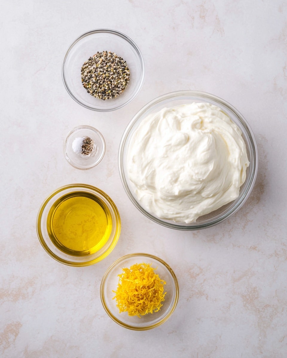 The image shows five small clear glass bowls arranged on a white marbled surface. The largest bowl is near the center and filled with a thick, soft white creamy texture. Above it is a smaller bowl holding a mix of ground black and white pepper. To the bottom left of the large bowl, there is a clear bowl filled with golden-yellow olive oil. To the bottom right, another small clear bowl contains bright yellow lemon zest. The bowls are evenly spaced in a loose vertical line, creating a clean and minimalistic look. photo taken with an iphone --ar 4:5 --v 7