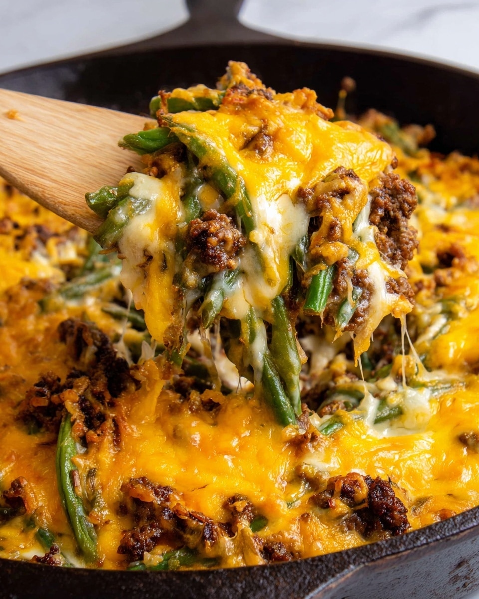 This image shows a close-up of a cheesy green bean casserole in a black cast iron pan, with a wooden spatula lifting a portion. The dish has layers starting with whole green beans mixed with small bits of cooked ground meat at the bottom, and it is covered with a thick layer of melted cheese that is golden yellow with some browned spots, showing stringy and smooth melted textures. The green beans are visible through the cheese, adding green color and a firm texture, while the meat adds a crumbly dark brown layer beneath. The wooden spatula adds a light natural wood tone, and the pan contrasts with its dark rough surface, sitting on a white marbled textured background. photo taken with an iphone --ar 4:5 --v 7