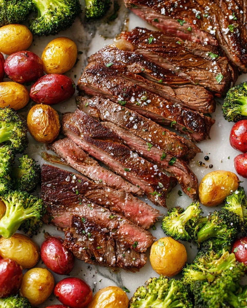 A close-up view of a sliced, grilled steak laid flat with seven visible pieces, showing a slightly pink inside and a brown, charred outside sprinkled with coarse salt. Surrounding the steak are roasted broccoli florets with a bright green color and slightly crisp texture, small shiny red roasted potatoes, and small yellow roasted potatoes with browned skins. All ingredients rest on a white marbled surface, with some black pepper visible around the edges. The overall image shows a balanced mix of textures and colors, warm and fresh looking. photo taken with an iphone --ar 4:5 --v 7
