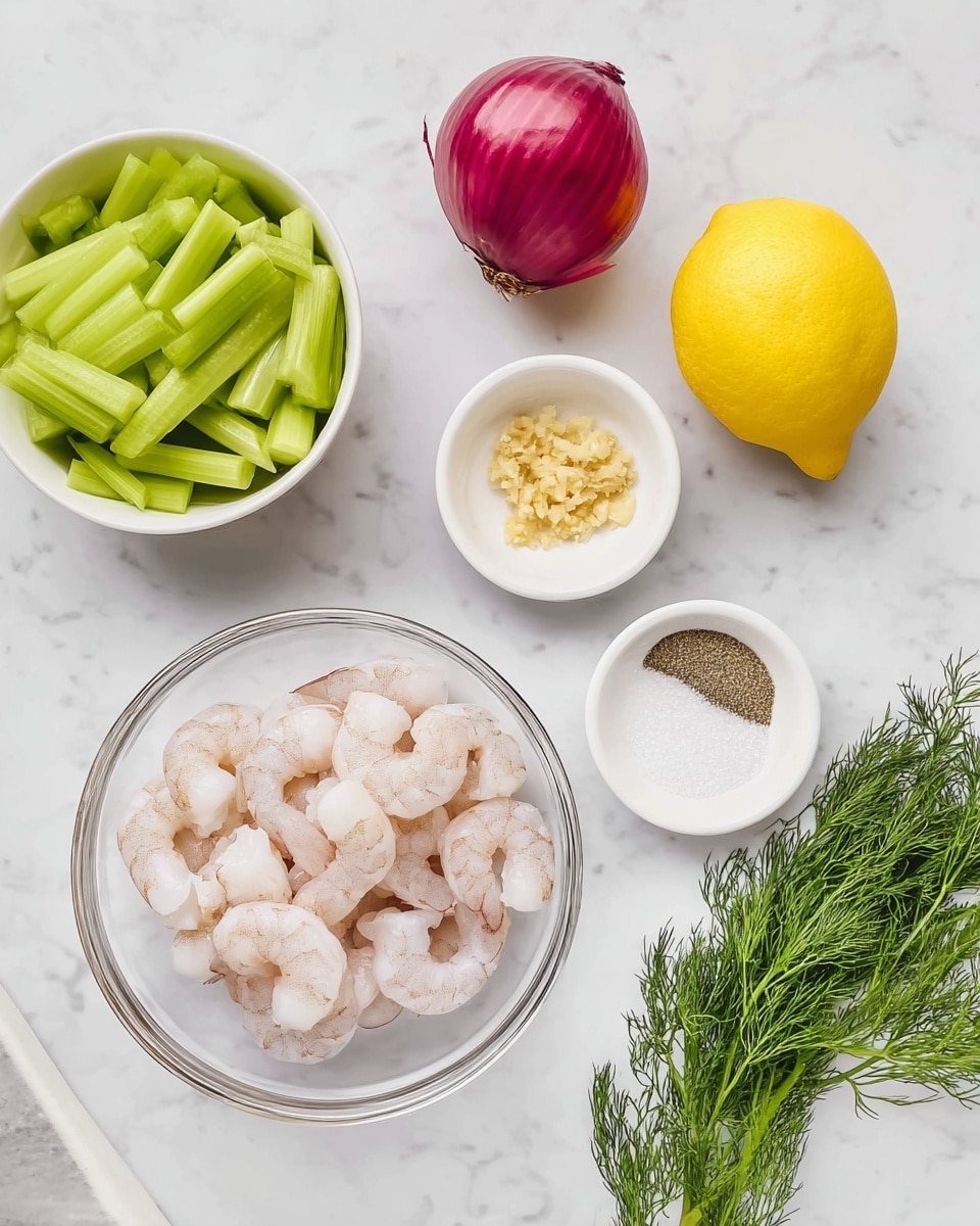 The image shows raw shrimp placed in a clear glass bowl, their pale pink and white shells creating a soft texture. Above the shrimp, there is a white bowl filled with bright green sliced celery sticks layered neatly. To the top left, there is a whole red onion with its papery skin on, displaying a smooth reddish-purple color. To the right of the celery, a whole yellow lemon with a slightly bumpy surface is placed. Below the lemon, a small white bowl holds minced garlic pieces that are light brown and finely textured. Next to it, another white bowl contains coarse salt and ground black pepper, forming two half-round patches contrasting sharply on the white plate. At the bottom right corner, a small bunch of fresh green dill with feathery leaves lays on the white marbled surface, which acts as the background for all the ingredients. Photo taken with an iphone --ar 4:5 --v 7