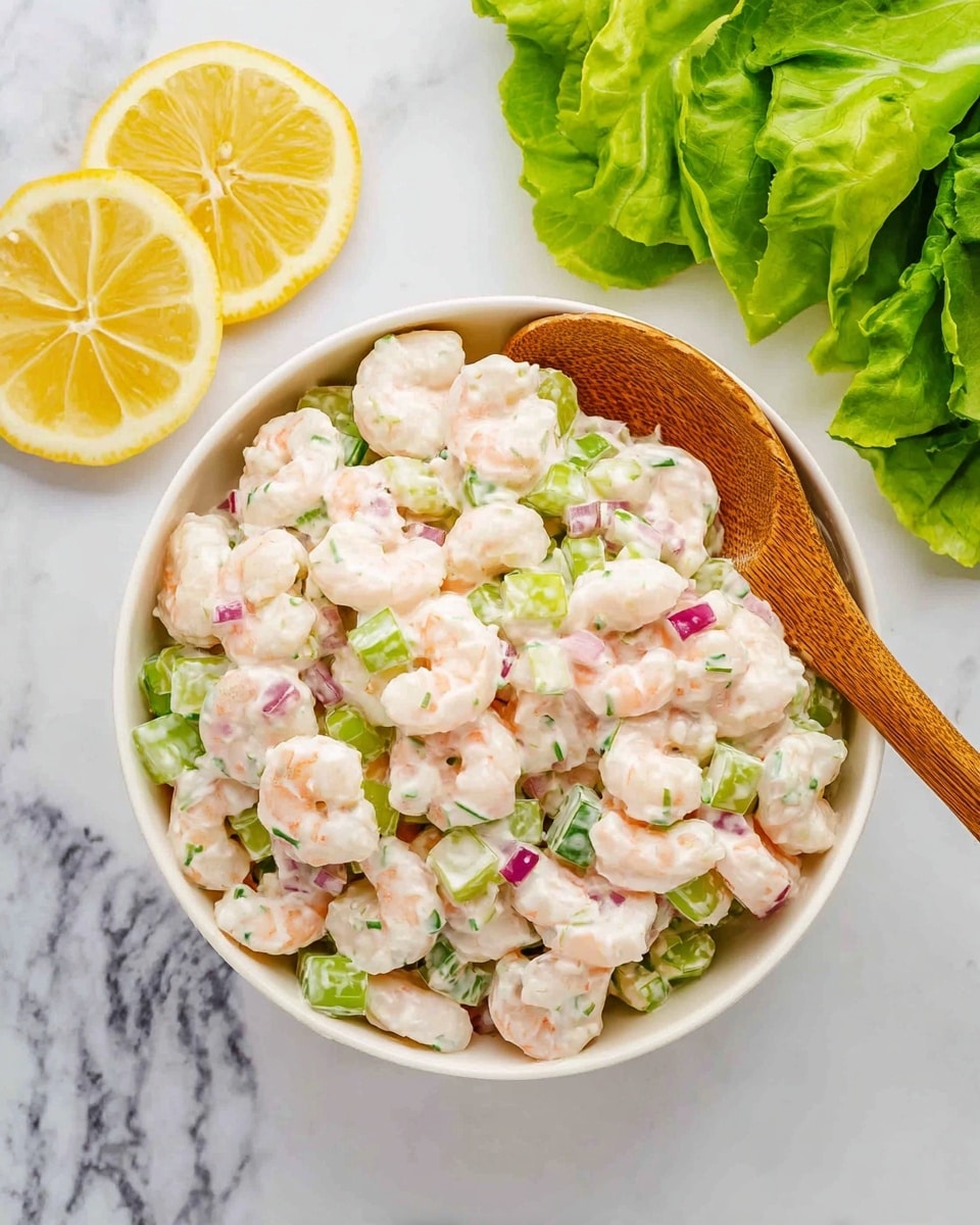 A white bowl full of a shrimp salad with three layers visible: the bottom layer is small, light green pieces of celery, the middle layer is diced red onion scattered throughout, and the top layer is plump, pale pink shrimp coated lightly in a creamy white dressing with small green herb bits. A wooden spoon with shrimp and salad rests on the right side inside the bowl. To the left on a white marbled surface are two lemon slices, and a bunch of bright green lettuce leaves sit at the top right corner. photo taken with an iphone --ar 4:5 --v 7