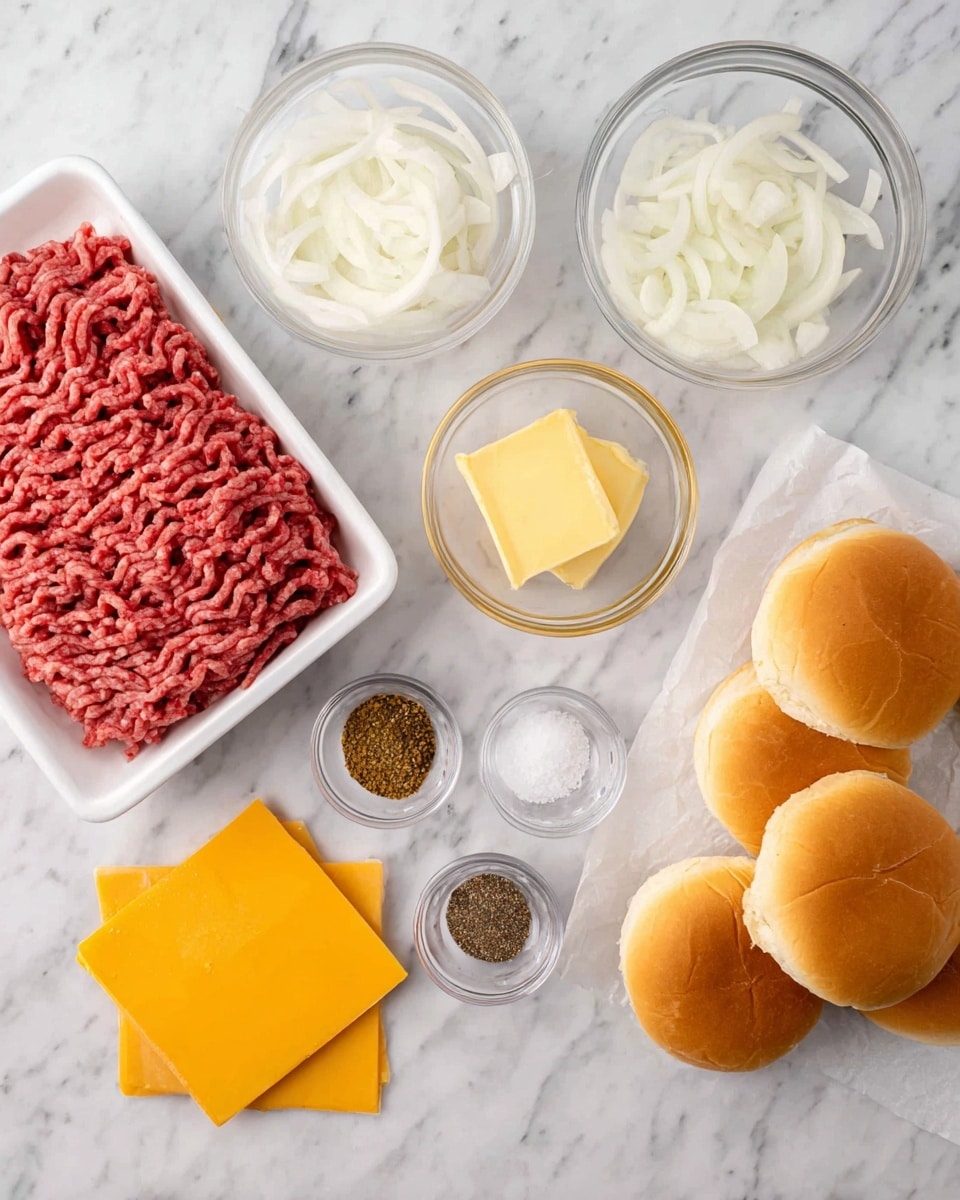 The image shows burger ingredients arranged on a white marbled surface: a white tray of raw ground beef with red and pink lines in the top left, a glass bowl filled with thin white sliced onions on the top right, a small glass bowl with a yellow butter cube in the center, and three small glass bowls with fine white salt, black pepper, and brown seasoning scattered nearby. On the bottom right, there is a pile of soft white sandwich buns with light golden tops, and on the bottom left, a stack of four square bright yellow cheese slices. Photo taken with an iphone --ar 4:5 --v 7