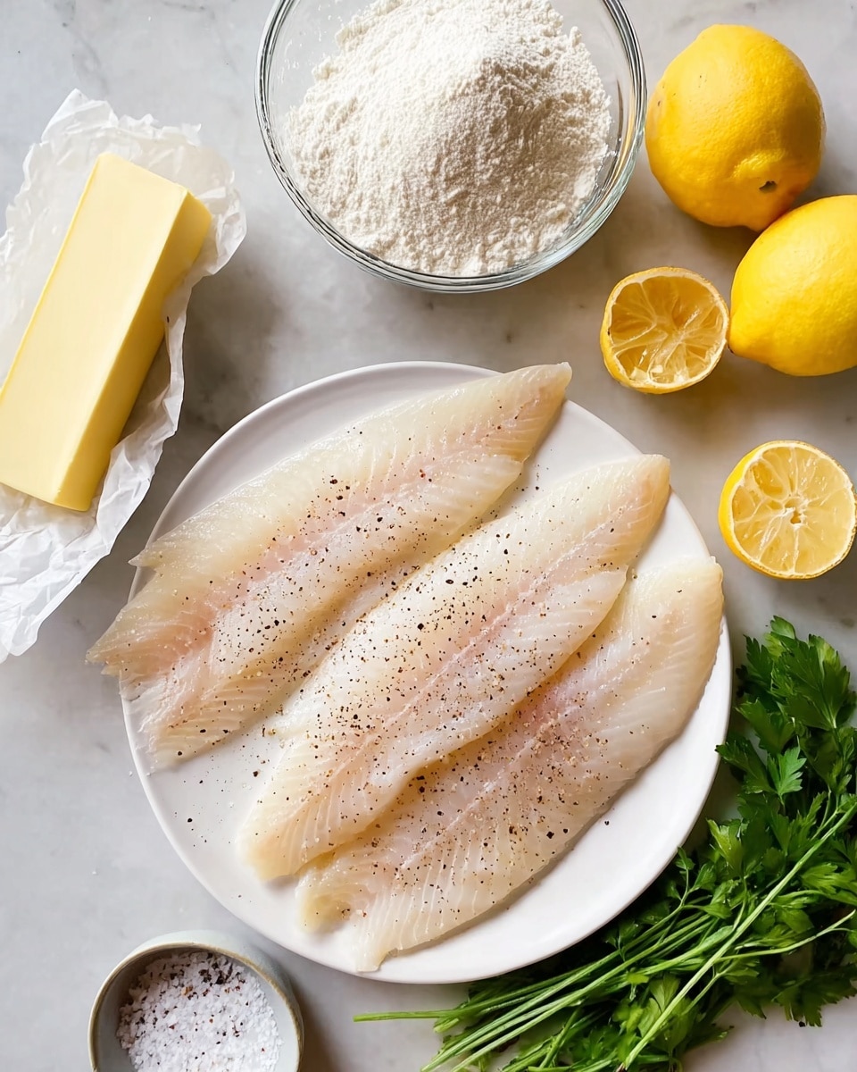 A white plate holds several thin, pale fish fillets arranged in a slightly overlapping pattern, sprinkled with black pepper and coarse salt. On the white marbled surface near the plate, there is a stick of yellow butter, partially wrapped in white paper, next to two whole yellow lemons, one sliced in half. A glass bowl filled with white flour sits near the top, and some green leafy herbs are placed to the left. There is also a small white dish of salt at the bottom edge. Photo taken with an iphone --ar 4:5 --v 7