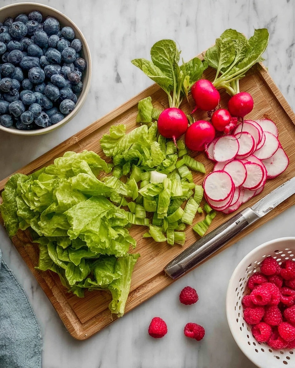 A wooden cutting board with three groups: whole red radishes with green leaves on the left, chopped green lettuce in the middle, and thin round slices of radish on the right. A silver knife with a black handle rests on the top right of the cutting board. On the white marbled surface around the board, there is a white bowl filled with fresh blueberries on the left, a few loose blueberries scattered nearby, and a white colander with red raspberries at the bottom right. Two whole raspberries sit below the cutting board near the colander. photo taken with an iphone --ar 4:5 --v 7